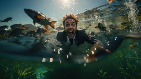 Hilarious scene of a businessman swimming underwater among fish while wearing a suit, conveying stress, adventure, and humor.の素材