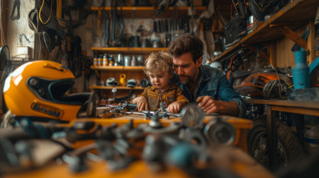 A father and his young son enjoying quality time together in a busy workshop, interacting with motorcycle parts and tools, fostering a love for mechanics.の素材