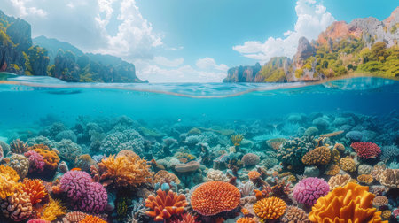 Vibrant underwater coral reef scene complemented by a picturesque island landscape. Perfect for depicting natural beauty and marine life.の素材