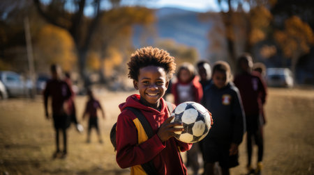 A joyful boy holding a soccer ball with his friends in the background. Captured on a sunny day, showcasing happiness and childhood joy.の素材
