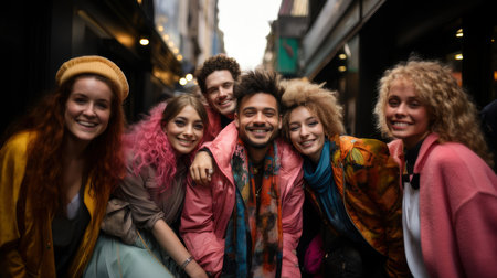 Close-up of a group of friends joyfully having fun, wearing colorful and trendy outfits on a city street.の素材