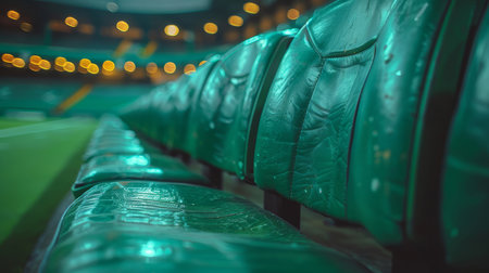 Rows of green seats in an empty stadium, illuminated by soft lighting, creating a calm and serene atmosphere.の素材