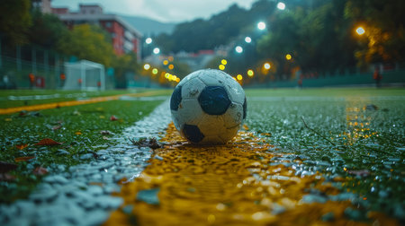 Rain-soaked soccer ball lies on an illuminated field during the evening, showcasing a cinematic and atmospheric scene.の素材