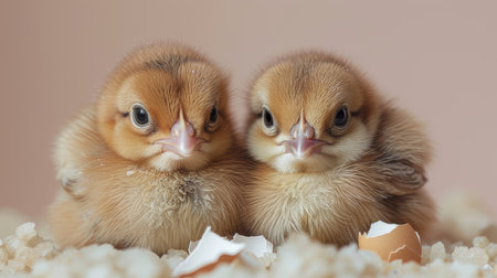 Two adorable newborn chicks sitting together with broken eggshells on a beige background, showcasing the beauty of new life and innocence.の素材