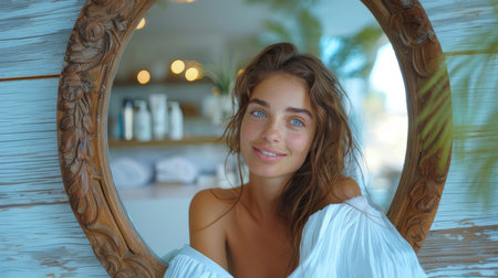 A beautiful woman with a joyful expression smiles at herself in the mirror. She exudes confidence and happiness.の素材