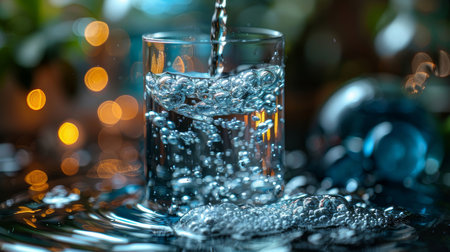 Close-up shot of water being poured into a glass, creating bubbles and overflowing liquid. Captivating concept for freshness, purity, and hydration.の素材