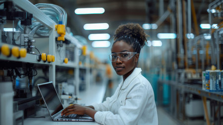 African American female technician in safety goggles and lab coat working on a laptop in a high-tech electronics manufacturing facility.の素材