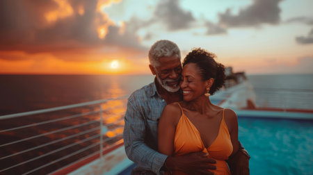 Happy senior Black couple sharing a romantic and joyful moment while enjoying a sunset cruise, exuding love and togetherness.の素材