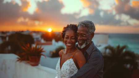 Happy black senior couple embracing and sharing a romantic moment outdoors during a beautiful sunset. Showcasing love, affection, and joy in a serene, scenic backdrop.の素材