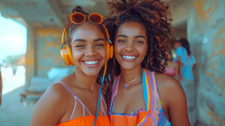 Two joyful teenage girls with bright headphones and summer outfits, smiling and enjoying music on a sunny day.の素材