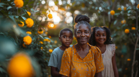 Beautiful outdoor portrait of a multi-generation Black family smiling amidst a garden with colorful yellow flowers, capturing joy and togetherness.の素材