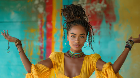 Vibrant portrait of a talented, energetic woman wearing a yellow dress, set against an artistic background. Captures grace, creativity, and colorful vibes.の素材