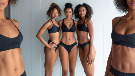 Three joyful women with different body types posing together in black sportswear, showcasing body positivity and diversity in a bright setting.の素材