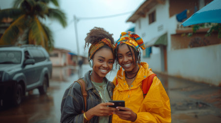 Two cheerful teenage girls wearing headphones and using smartphones, smiling outdoors on a rainy day. Urban background with cars and buildings.の素材