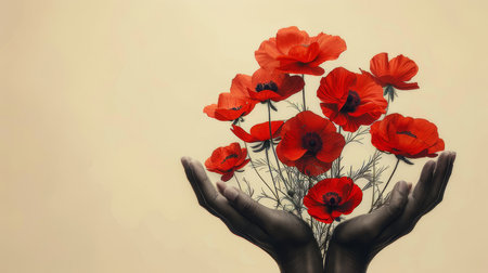 Surreal art with black hands holding vibrant red flowers on a cream background, symbolizing growth, care, and beauty.の素材