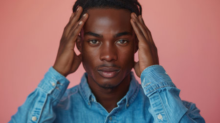 Portrait of a young man in a blue denim shirt touching his head with both hands, set against a pink background. Intense and thoughtful expression.の素材