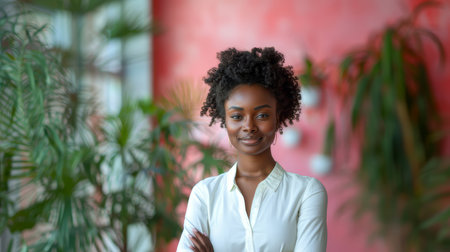 Confident young African American business woman stands in a modern office surrounded by plants and a pink background, exuding professionalism and empowerment.の素材