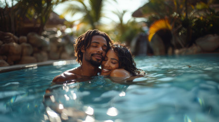 Young couple affectionately hugging in a swimming pool, enjoying a romantic and relaxing moment at a tropical resort under the sun.の素材