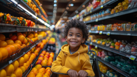 Joyful smiling young boy sitting in a shopping cart in a grocery store aisle with vibrant fruits in the background.の素材