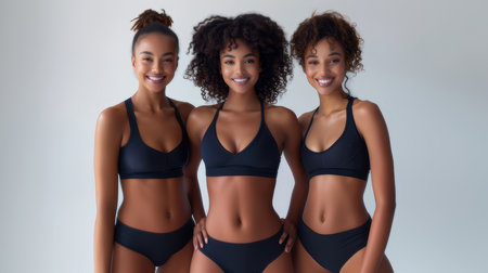 Three joyful women of different body types, wearing black sportswear, smiling happily together in a studio setting with a white background.の素材