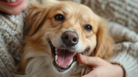 Closeup of a happy dog giving paw to owner at home, showcasing the bond between pet and human.の素材