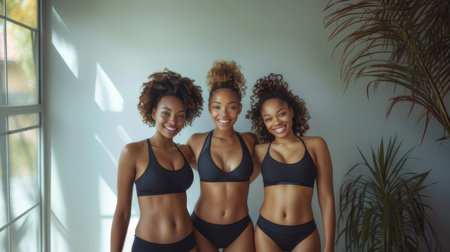 Three joyful women with different body types wearing black sportswear smiling together in a photostudio. The image showcases fitness, body positivity, friendship, and happiness.の素材