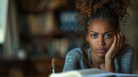 Portrait of a thoughtful African American woman looking worried while studying in a cozy room, illustrating concentration, stress, and contemplation.の素材