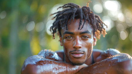 Close-up portrait of a young athletic man in sportswear, resting and reflecting outdoors with a calm and relaxed expression.の素材