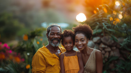 Smiling multi-generation Black family posing together outdoors in a vibrant garden at sunset, highlighting love, connection, and family unity.の素材