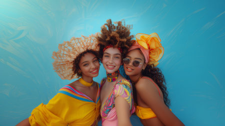 Three smiling young women in vibrant clothes and accessories, embracing and posing joyfully against a bright blue background, capturing the essence of friendship and summer fun.の素材
