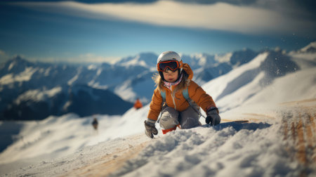 A cute little girl skillfully snowboarding down a snowy mountain with a stunning backdrop of snow-capped peaks and a clear blue sky.の素材