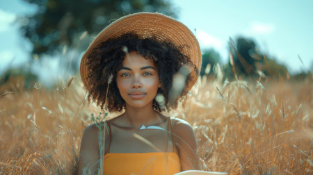 Charming African girl with natural makeup sitting in a sunny field, wearing a straw hat. Capturing the essence of summer, nature, and tranquility.の素材