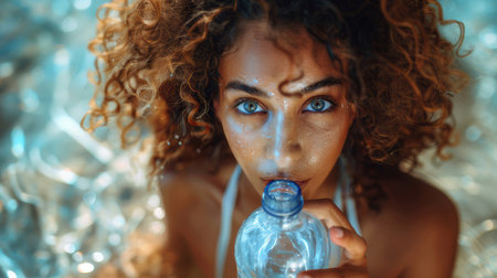 Close-up portrait of an attractive young woman drinking water, emphasizing her natural beauty and the importance of hydration in a refreshing and vibrant setting.の素材