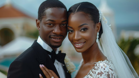 Smiling wedding couple holding hands in elegant attire, radiating joy and love on their special day. Captured in beautiful natural light with a stunning background.の素材