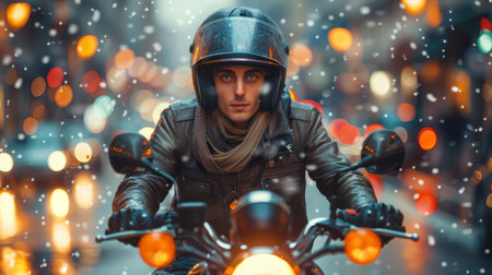 Young man riding a motorcycle at night through a city with snowfall and colorful lights creating a dreamy atmosphere.の素材