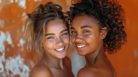 Two diverse young women wearing tank tops smile brightly against a vibrant textured background, capturing joy and friendship.の素材