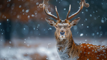 Majestic deer stag stands gracefully in a snowy forest, with snowflakes gently falling. Capturing winter serenity and the beauty of wildlife in its natural habitat.の素材