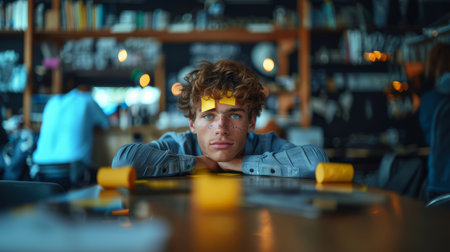 Frustrated young man in formal wear sitting in an office with sticky notes on his face, reflecting stress and creativity.の素材