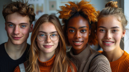 A group of confident young people smiling and looking at the camera indoors. The group exudes positivity and togetherness.の素材