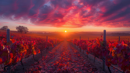 Stunning sunset over a South Australian vineyard, showcasing vibrant autumn colors and a serene landscape.の素材
