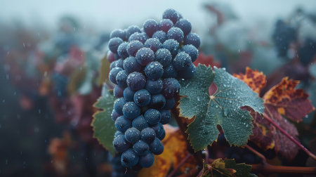 Close-up of fresh, dew-covered grapes on the vine during harvest in cloudy weather, capturing the beauty and richness of nature.の素材