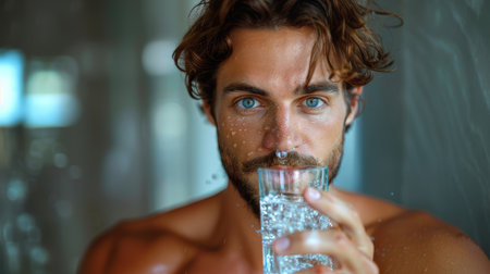 Handsome man holding a glass of water while splashing it on his face, providing a fresh and hydrating moment.の素材