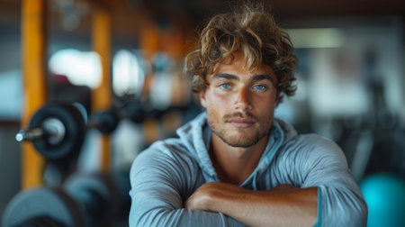 Fit young man in sportswear posing with a confident look in a gym environment, highlighting health and fitness.の素材