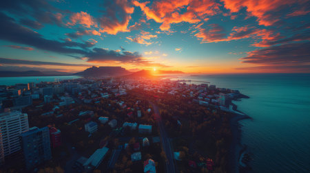 A breathtaking aerial view of Reykjavik, Iceland at sunset, showcasing vibrant colors and dramatic sky over the city and ocean.の素材
