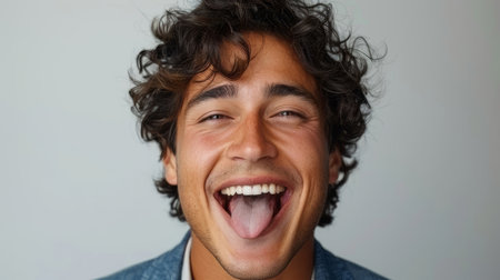 Close-up of a happy young man with curly hair sticking out his tongue and smiling on a white background.の素材