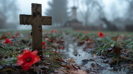 Close-up of a cross on a battlefield surrounded by poppies and muddy ground, reflecting a somber and rainy atmosphere.の素材