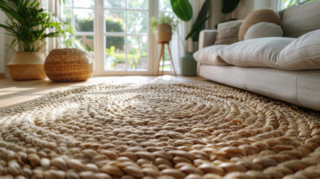 Inviting living room featuring a soft beige carpet, comfortable sofa, and vibrant houseplants. Perfect blend of modern style and cozy ambiance.の素材