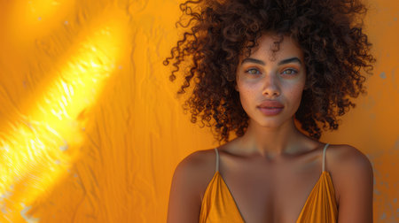 Close-up portrait of a confident young woman with curly hair, standing against a vibrant yellow background, showcasing natural beauty and positive energy.の素材