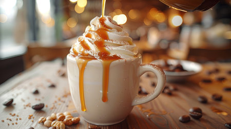 Delicious caramel syrup being poured onto a cup of coffee topped with whipped cream in a cozy cafe setting.の素材