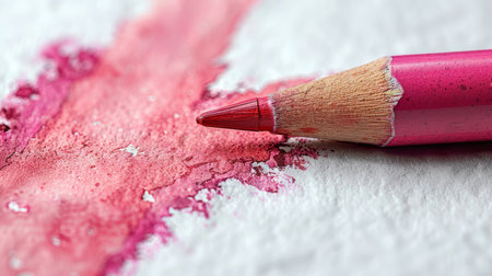 A close-up image of a pink pencil drawing an arrow on a white background, highlighting the texture and color details.の素材